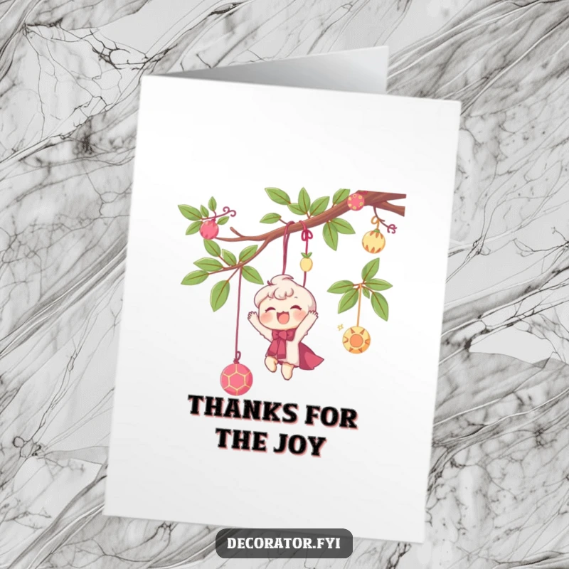 Funny Free Printable Thank You Card: A delighted character happily hanging whimsical decorations from a branch.