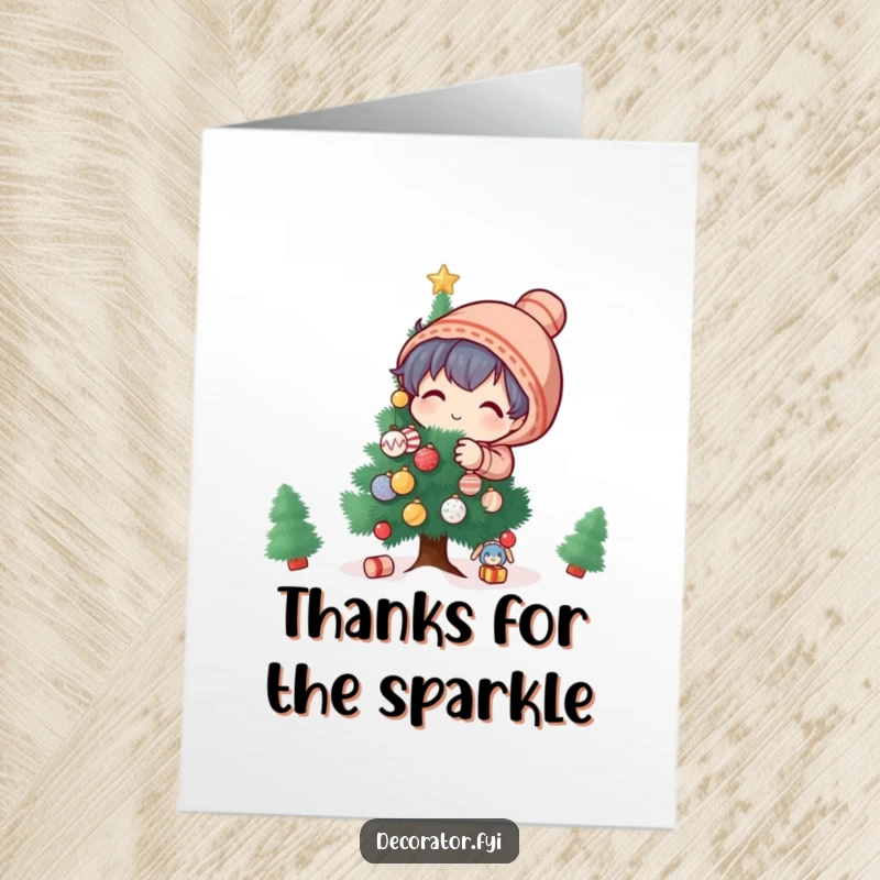 Funny Free Printable Thank You Card: Playful character decorating a small tree, a whimsical and heartfelt way to say thank you.