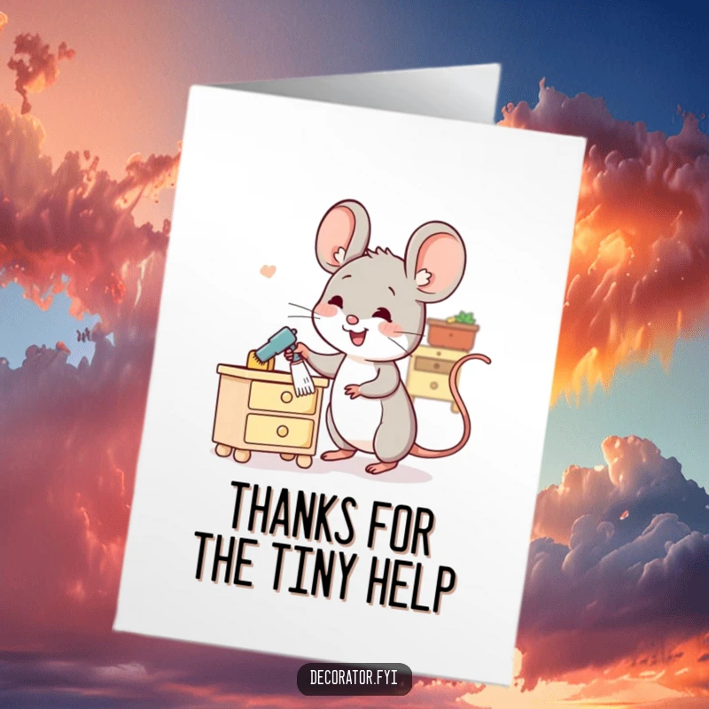 Funny Free Printable Thank You Card: Cheerful mouse dusting tiny furniture, a cute and humorous thank you.