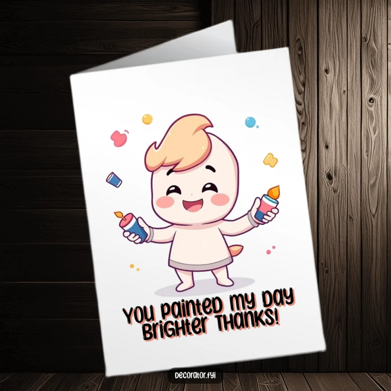 Funny Free Printable Thank You Card: Playful character with a bright grin, skillfully juggling small pots of colorful paint.