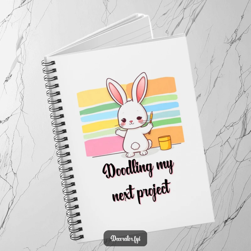 Funny notebook cover featuring a rabbit artist painting colorful stripes on a wall, perfect for jotting down creative ideas.