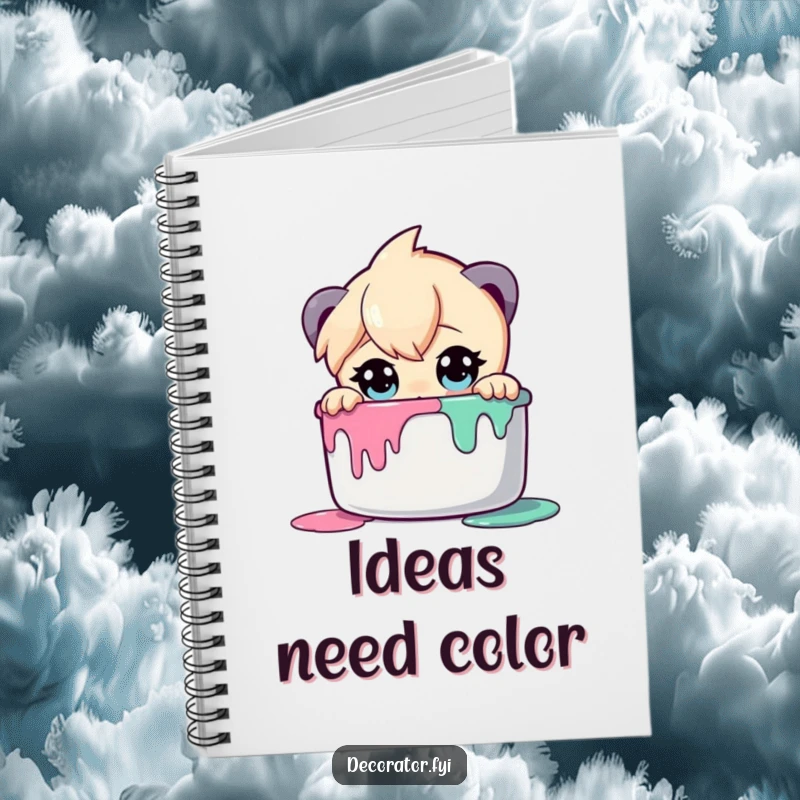 Funny notebook featuring a curious character wide-eyed, peering into a paint pot, ideal for artistic notes.