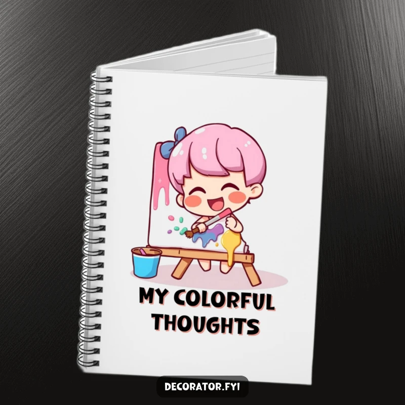 Funny artist notebook with a giggling character playfully smearing paint on a canvas, inspiring creative thoughts.