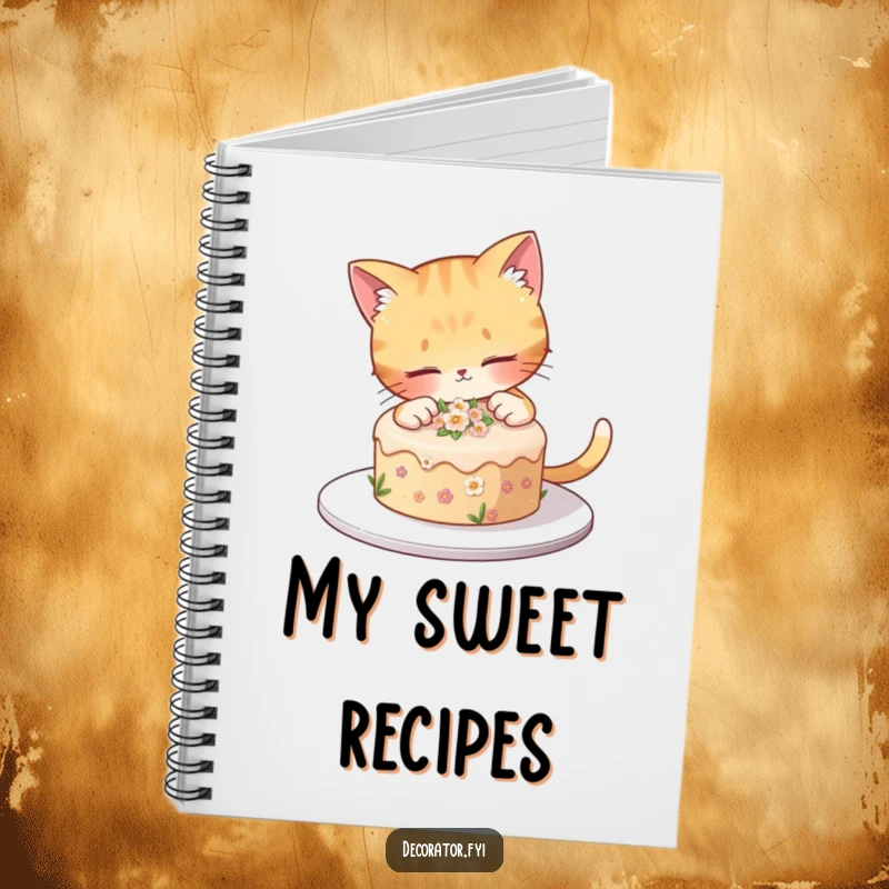 Funny curious cat decorates a small cake with tiny flowers, inspiring sweet note-taking on a funny notebook.