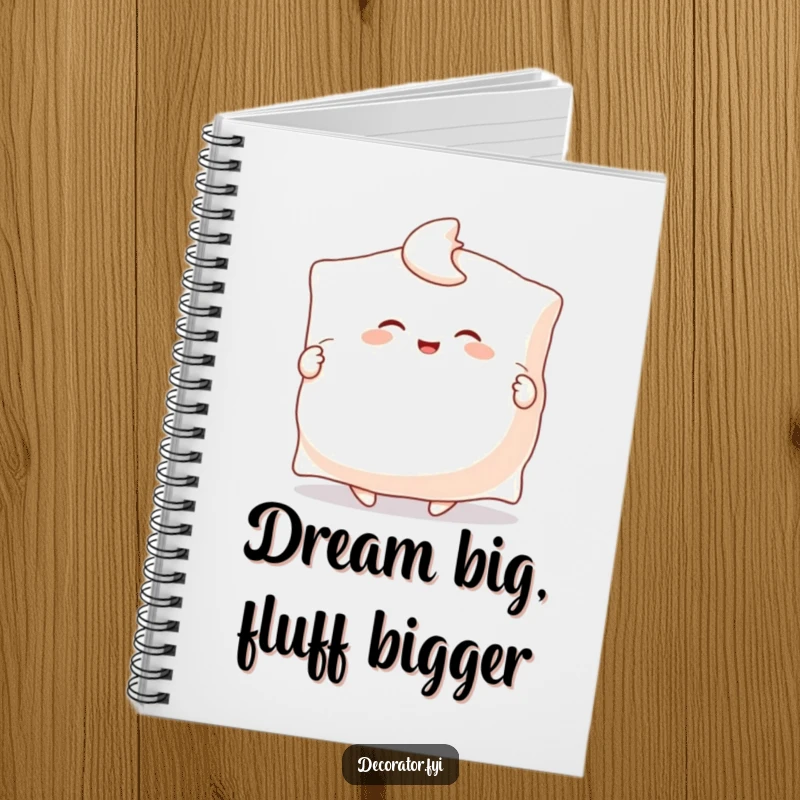 Funny notebook with a happy character joyfully fluffing a giant pillow with both hands, perfect for jotting down cozy thoughts and dreams humorously.