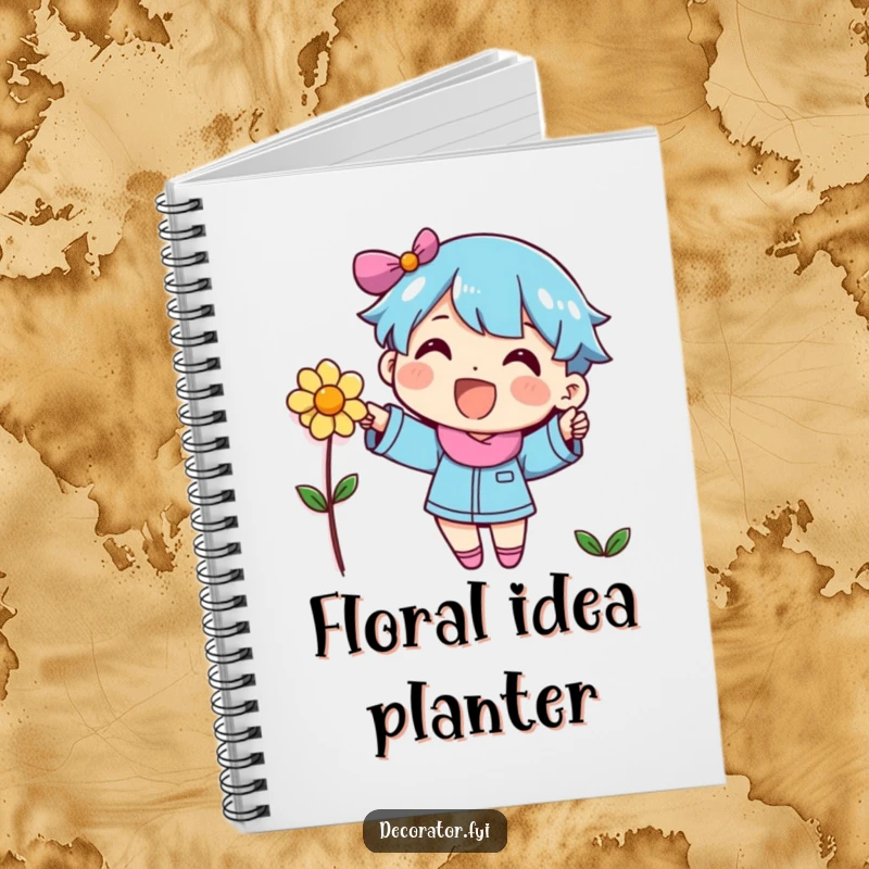 Funny character placing a flower on a wall, designed for a notebook cover to inspire cheerful thoughts.