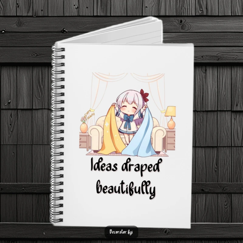 Funny Notebook: A character gleefully drapes shimmering fabric over furniture, inspiring creative design ideas.