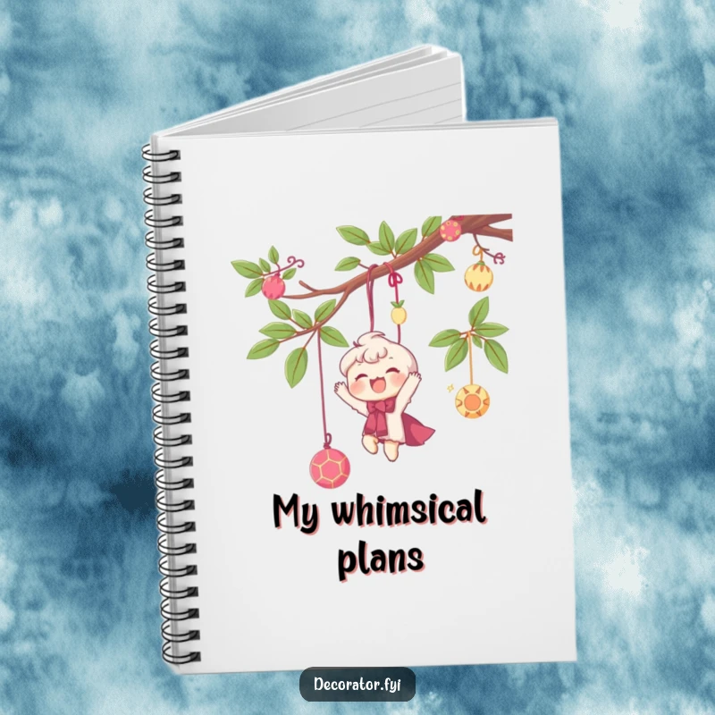 Funny notebook with a delighted character happily hanging whimsical decorations from a branch, perfect for planning festive events.