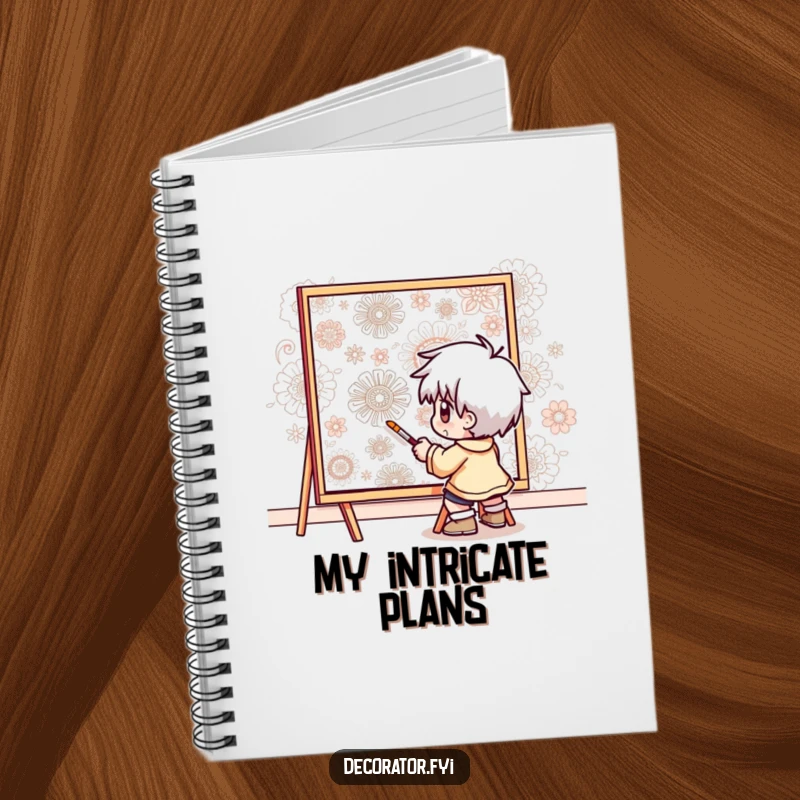 Funny notebook with a determined character meticulously painting intricate patterns onto a wall, perfect for documenting detailed projects.