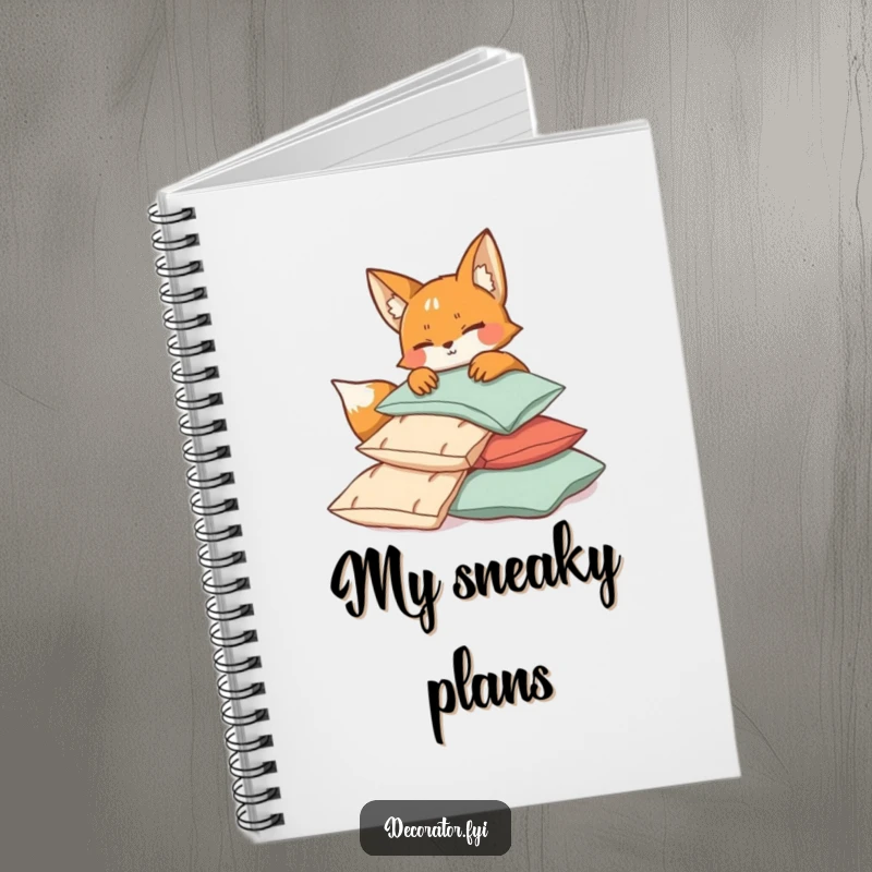Funny mischievous fox character winking while arranging cushions, inspiring cozy planning for a humorous notebook cover.