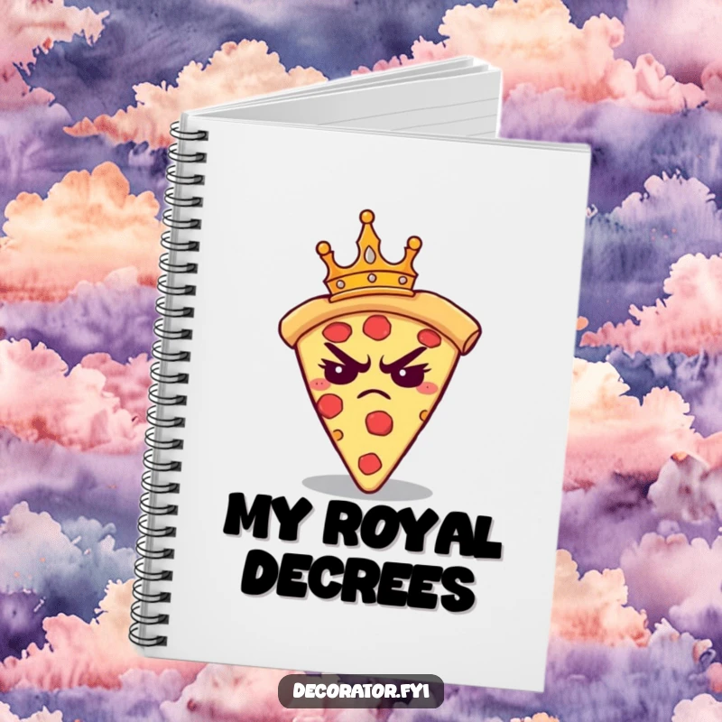 Funny notebook with a grumpy pizza slice wearing a tiny crown, looking annoyed. Perfect for jotting down thoughts.