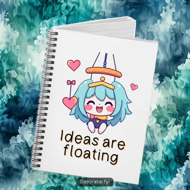 Funny Notebook: A joyful character hanging a whimsical, colorful mobile, perfect for capturing creative thoughts.