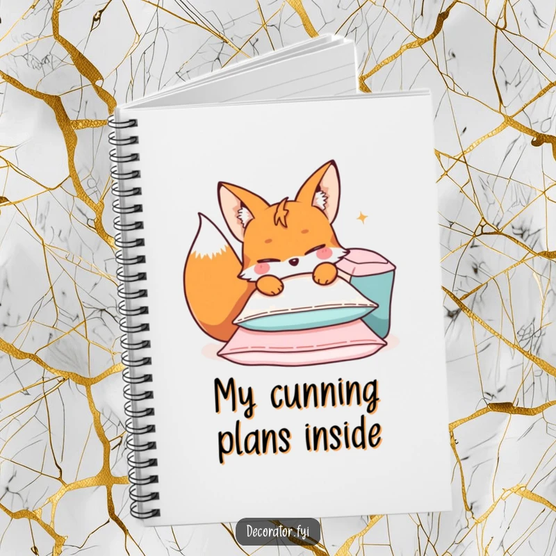 Funny notebook with a mischievous fox character arranging cushions on the cover, ready for your slyest thoughts.