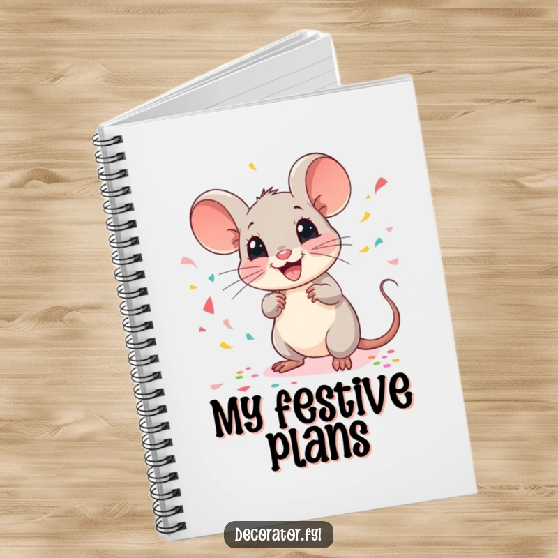 Funny mouse notebook with a cheerful mouse scattering confetti, perfect for planning events and jotting down festive ideas.