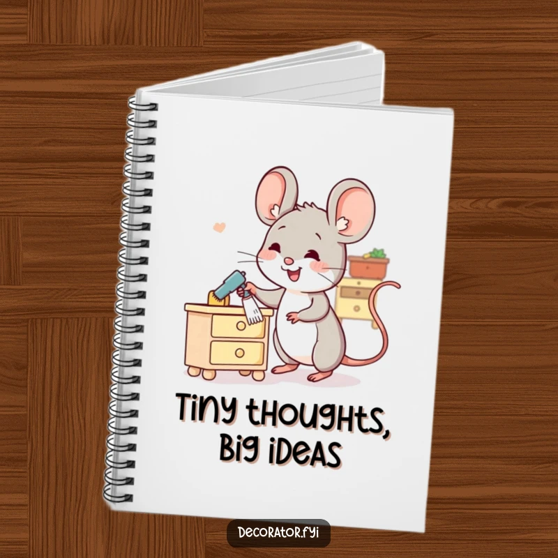 Funny notebook cover with a cheerful mouse character dusting a miniature item, ideal for jotting down notes.