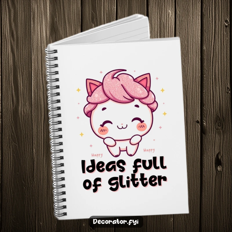 Funny Notebook: Happy character with a wide smile, sprinkling glitter onto pages.
