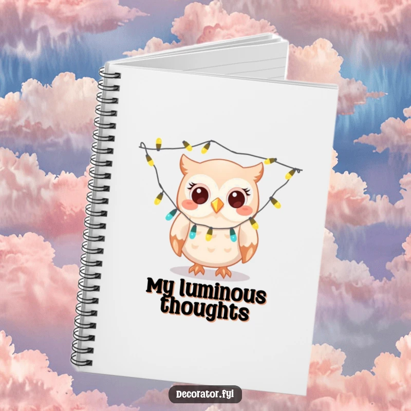 Funny owl notebook, a giggling character gleefully draping twinkling lights, inspiring notes and planning with humorous festive charm.