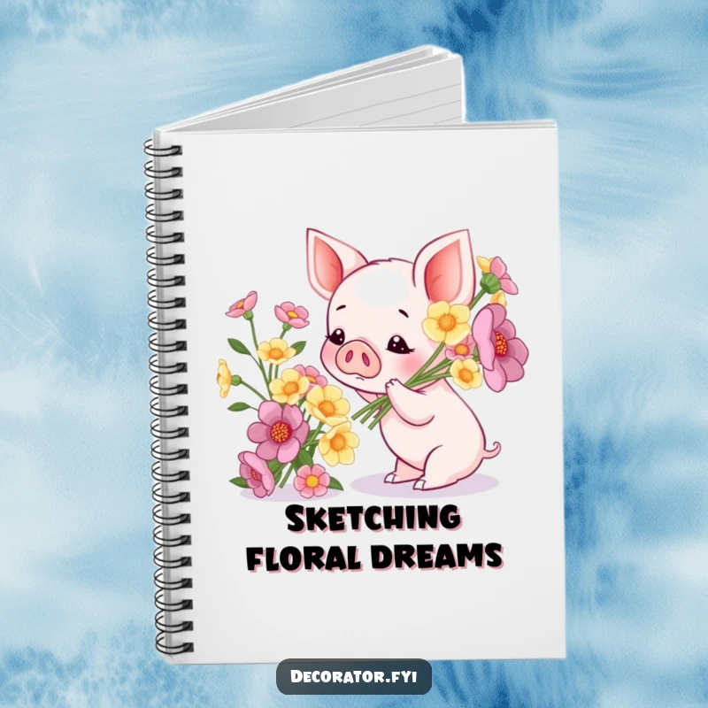 Funny notebook cover featuring a piglet admiring a bouquet of flowers, perfect for jotting down thoughts and creative ideas.