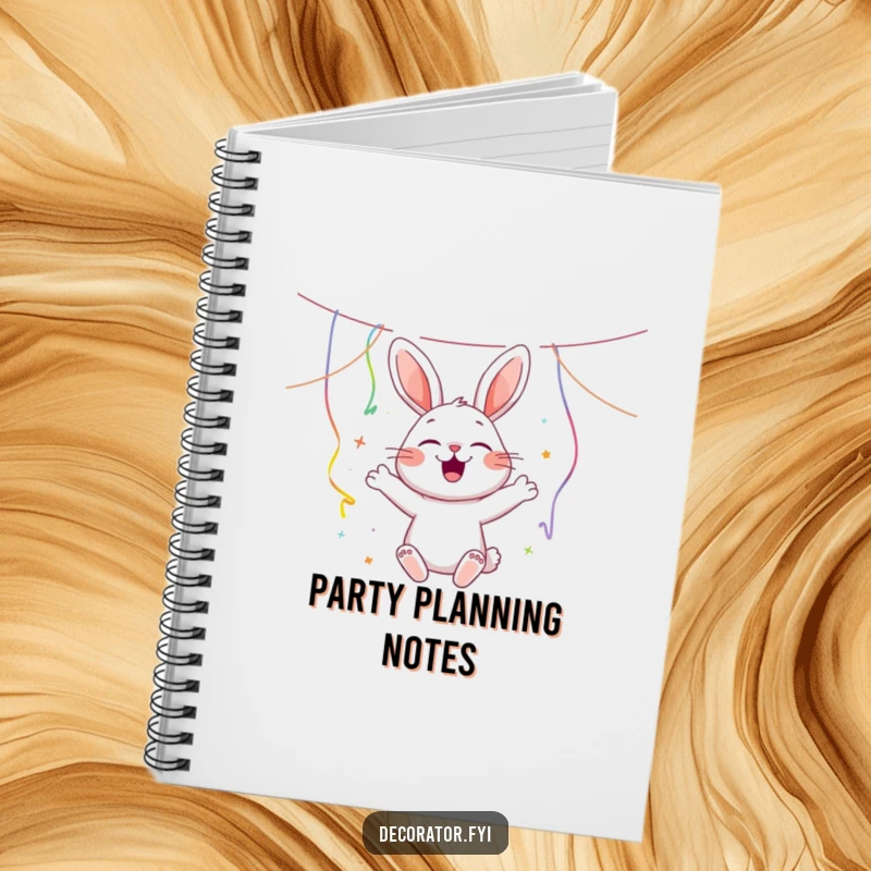 Funny joyous rabbit character hanging streamers with a cheerful bounce, inspiring festive planning for a humorous notebook cover.