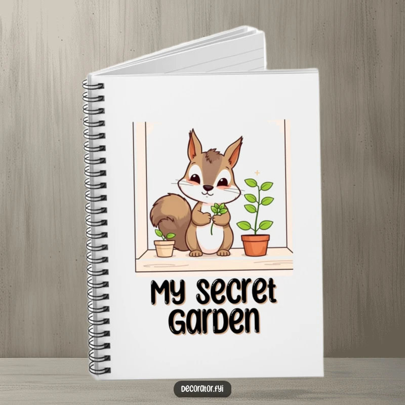 Funny squirrel notebook, a determined character carefully placing a tiny plant on a shelf, inspiring notes and planning with humorous gardening charm.
