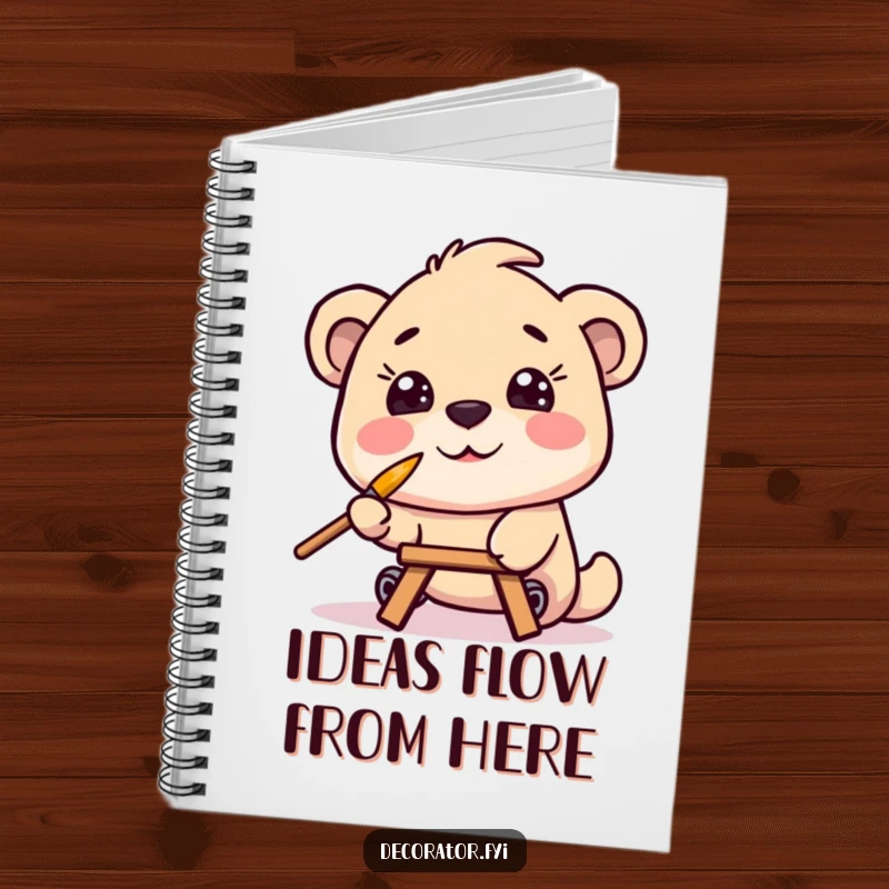 Funny notebook with a smiling artist character balancing a small paintbrush on its nose, ready to capture creative thoughts and sketches humorously.