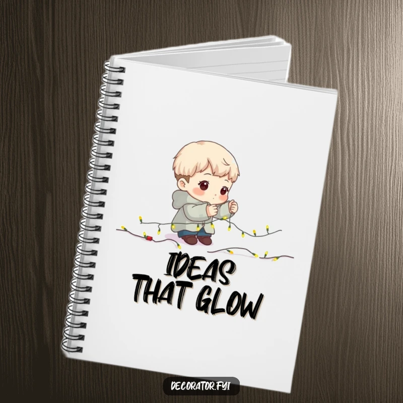 Funny Notebook: Determined character carefully placing fairy lights on a garland.