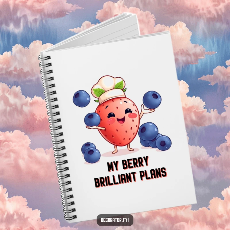 Funny strawberry chef notebook: a strawberry juggles blueberries, ideal for culinary notes.