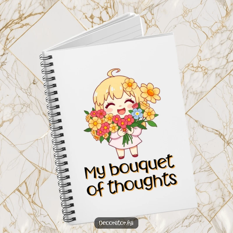 Funny Notebook: A joyful character arranges a colorful bouquet of bright flowers, inspiring creative thoughts.
