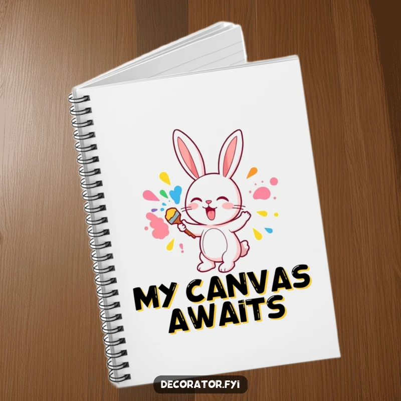 Funny notebook featuring a cute bunny character excitedly painting a wall with colorful paints, perfect for creative notes.