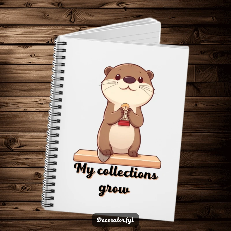 Funny notebook cover with an otter carefully placing a tiny statue on a shelf, perfect for jotting down stylish ideas.