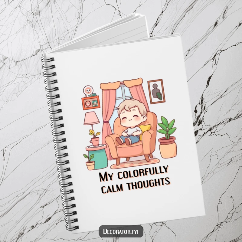 Funny Notebook cover depicting a content character relaxing contentedly in a colorful armchair, ideal for planning peaceful moments.