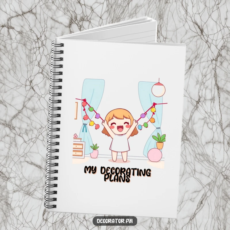 Funny Notebook cover showing a happy character enthusiastically hanging a garland, inspiring festive note-taking.