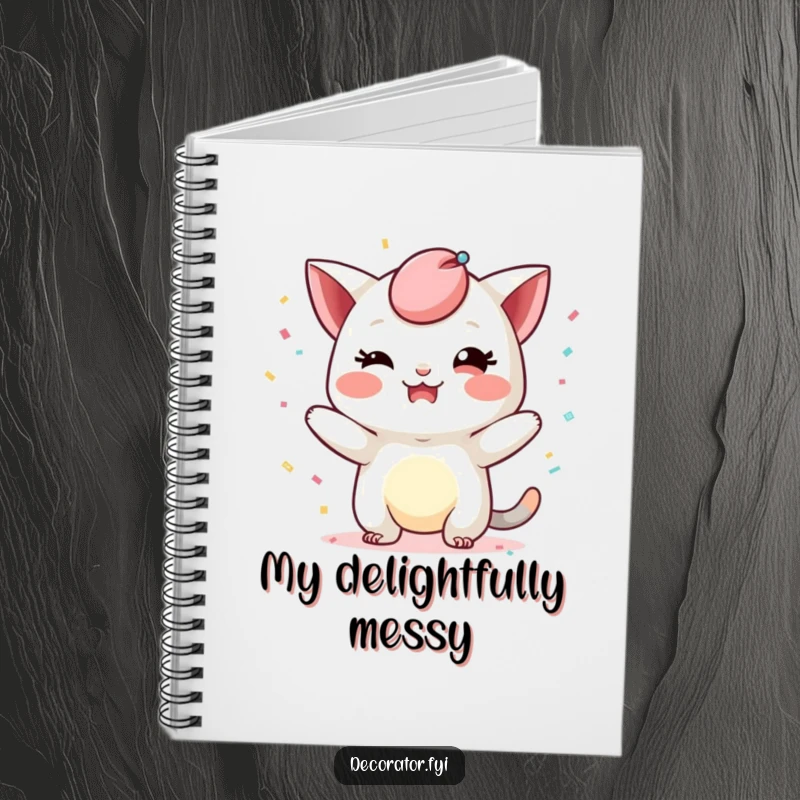 Funny notebook cover featuring a mischievous character playfully adding a whimsical touch with confetti, symbolizing the humorous joy of celebration for note-taking.
