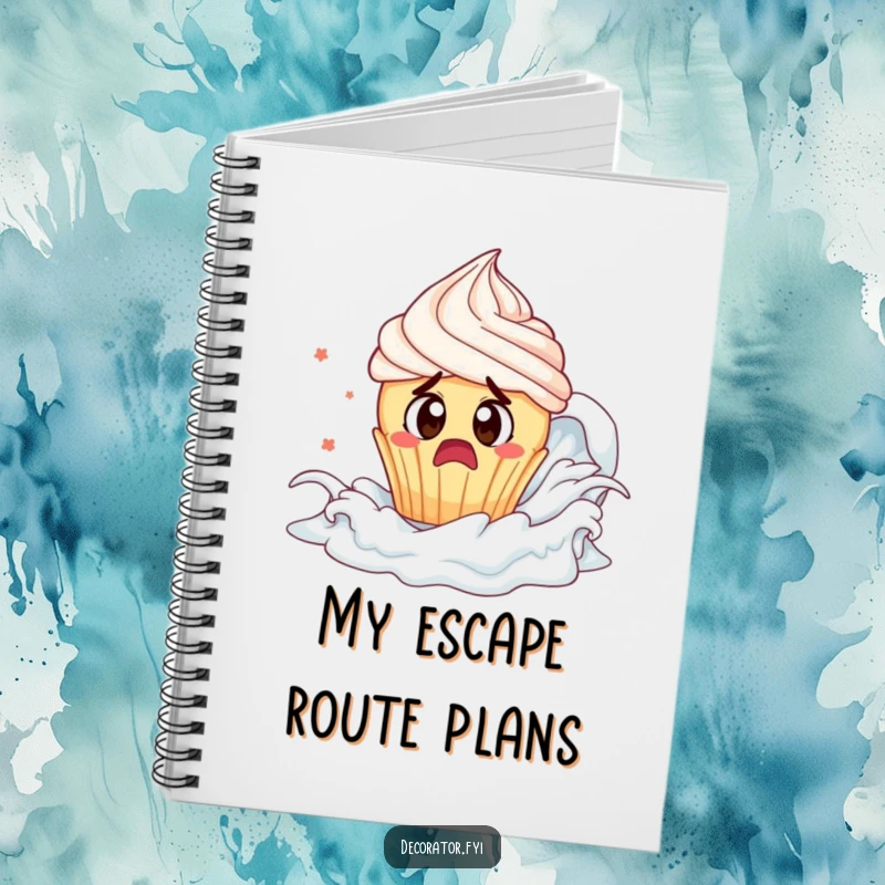 Funny cupcake frosting tsunami notebook: a startled cupcake escapes frosting, ideal for sweet ideas.