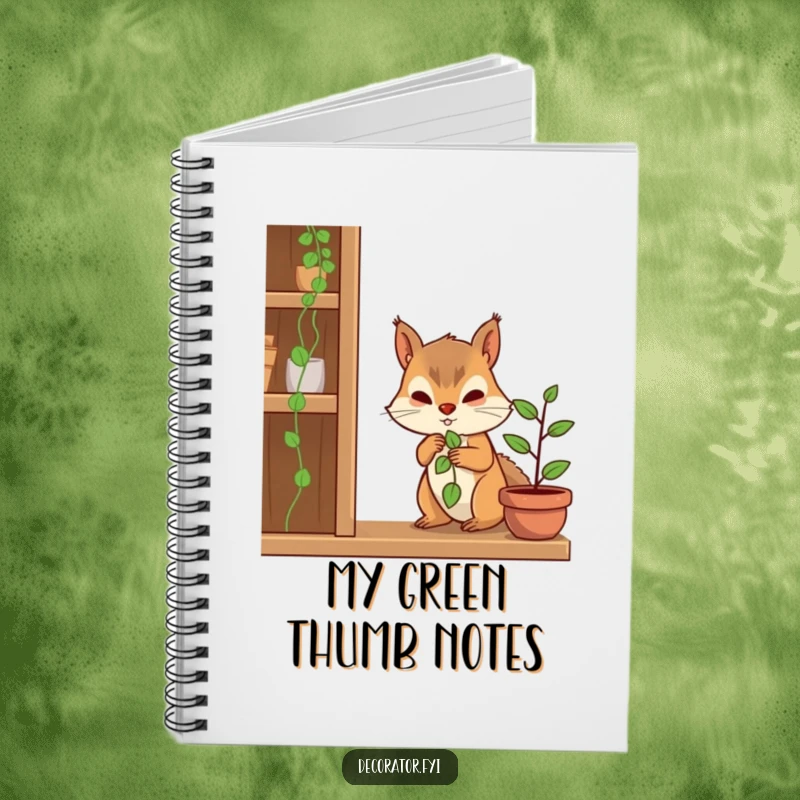 Funny notebook with a determined squirrel character placing a plant on a shelf on the cover, ready for garden notes.