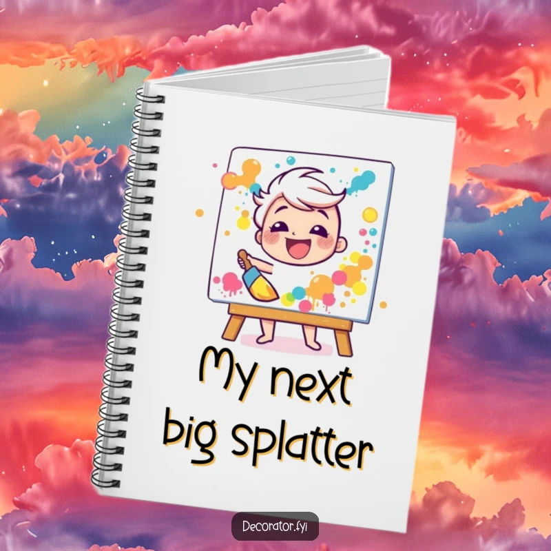Funny notebook with a happy character gleefully splattering paint onto a canvas with a broad brush, inspiring artistic journaling.