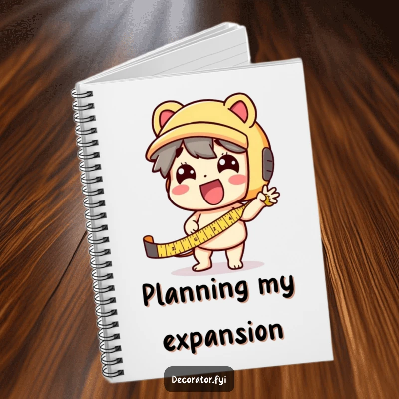 Funny Notebook: A delighted character using a tape measure with wild enthusiasm, ideal for planning projects.