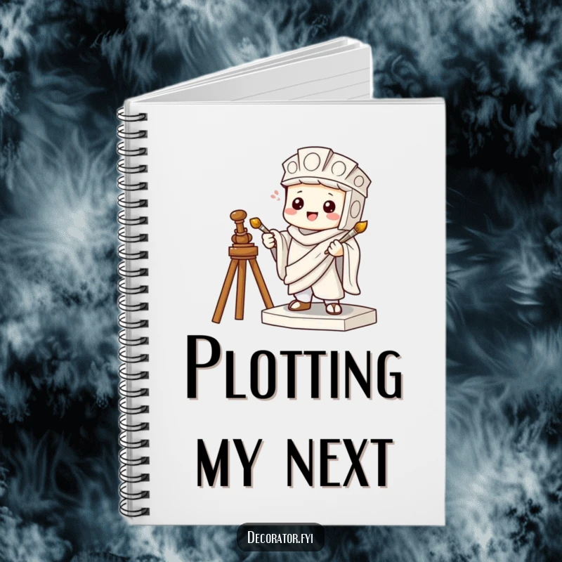 Funny notebook featuring a mischievous character pretending to be a statue holding a tiny paintbrush, for plotting and drawing.