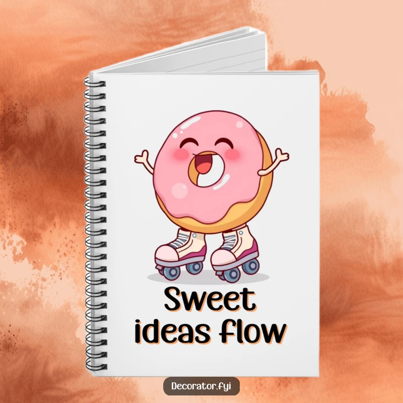 Funny notebook showing a laughing donut trying to put on big roller skates, looking unsteady. Perfect for notes.