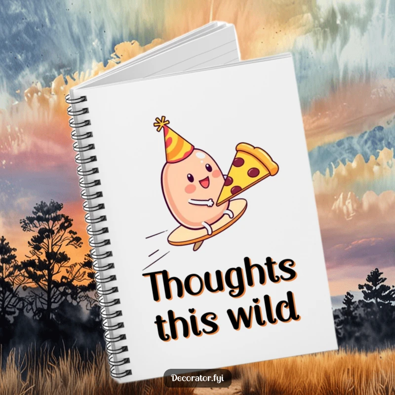 Funny Notebook: A wobbly jelly bean in a party hat joyfully rides a flying pizza slice, perfect for creative notes.