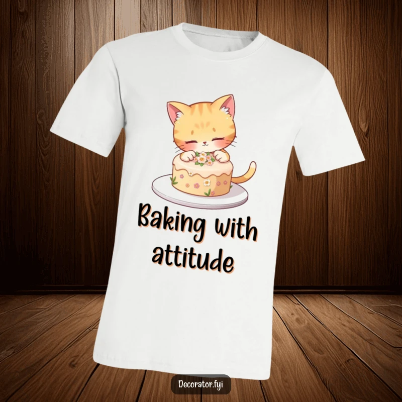 Funny cat carefully adds tiny flowers to a cake, embodying sweet precision and feline charm for a funny t-shirt.