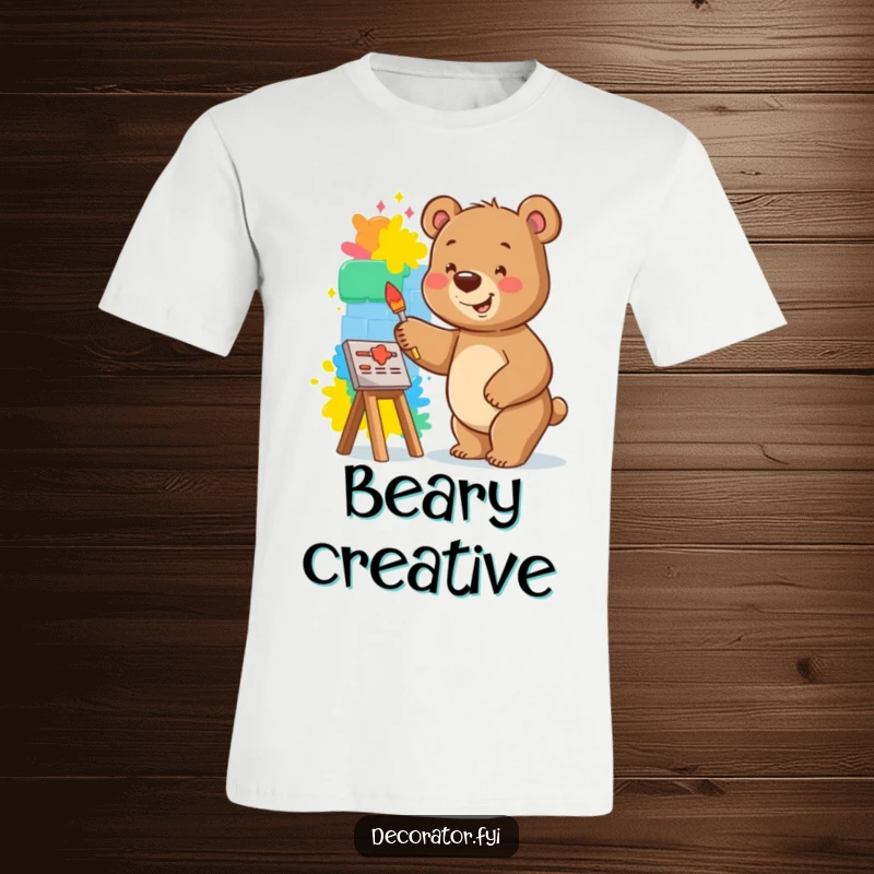 Funny bear t-shirt of a smiling bear happily painting a vibrant mural on a small wall, embodying creativity.