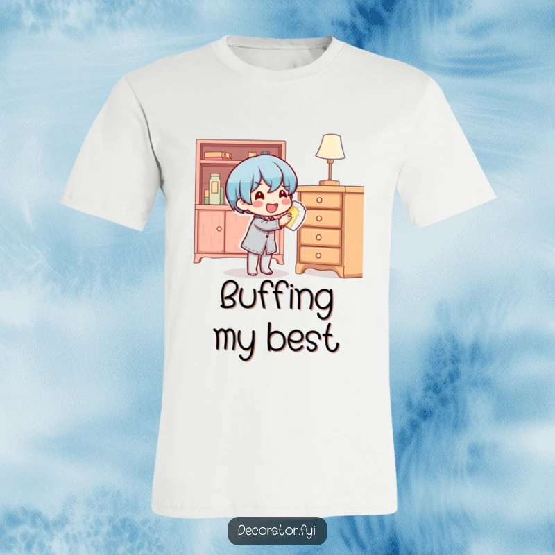 Funny content character happily polishing furniture to a shine on a comfortable, humorous t-shirt.