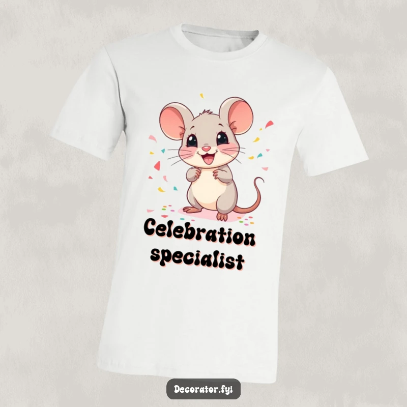Funny mouse t-shirt showing a cheerful mouse scattering confetti, perfect for spreading joy and celebrating special occasions.