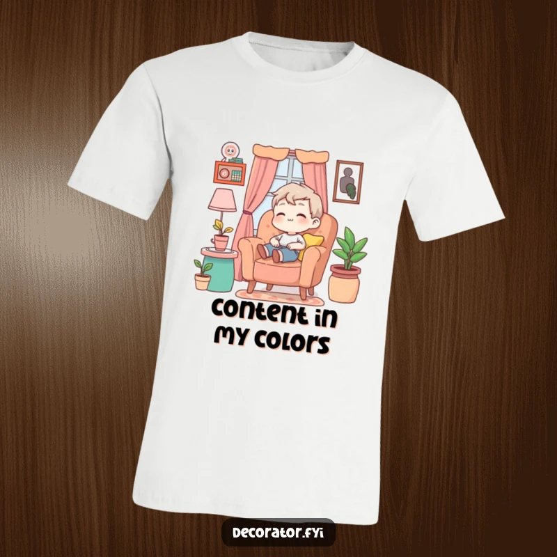 Funny T-Shirt showing a serene character enjoying a comfortable armchair surrounded by cheerful, colorful home decorations.