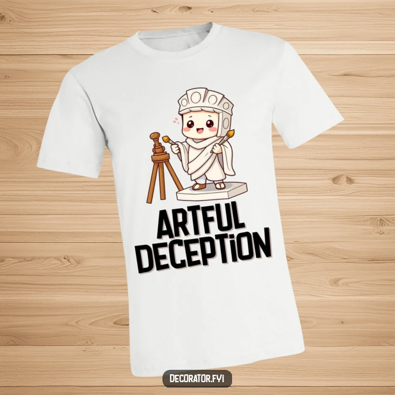 Funny t-shirt with a mischievous character posing as a statue while holding a tiny paintbrush, embodying playful deception.