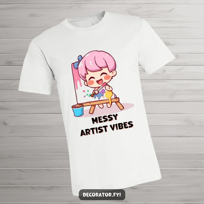 Funny artist t-shirt depicting a giggling character playfully smearing colorful paint across a canvas with enthusiasm.