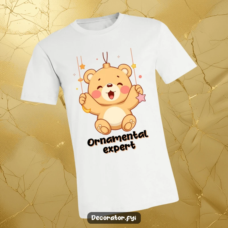 Funny bear cub hanging shiny ornaments with enthusiasm, printed on a comfortable, high-quality t-shirt.