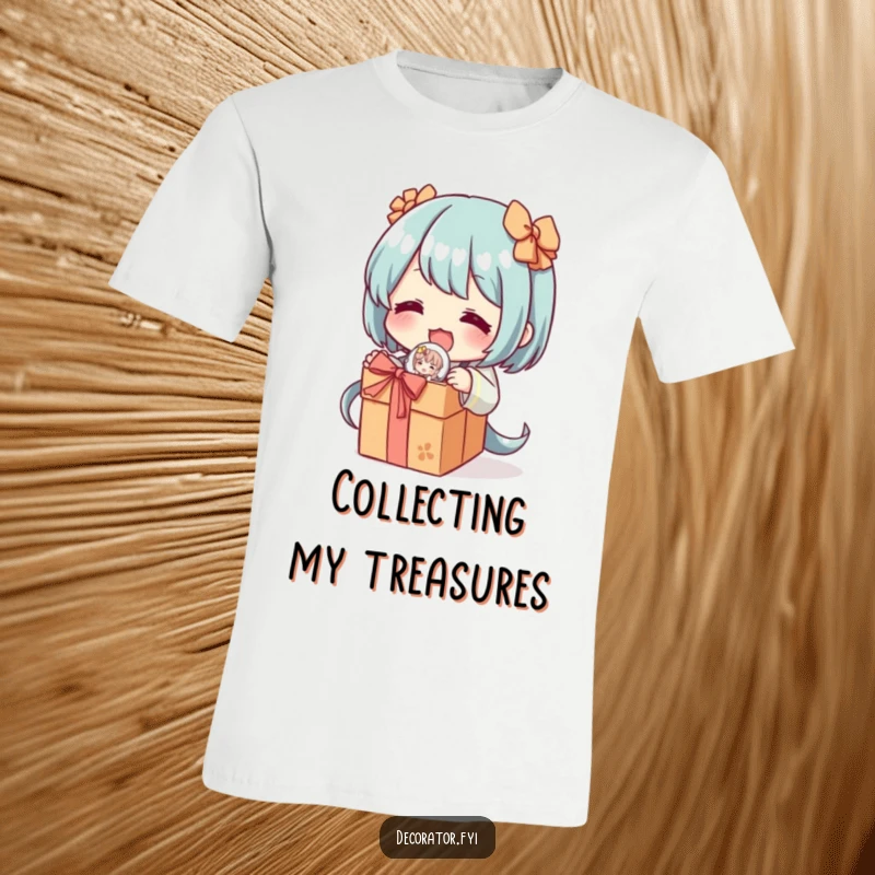 Funny t-shirt featuring a character excitedly unwrapping a delicate, decorative figurine, highlighting the humorous thrill of collecting.