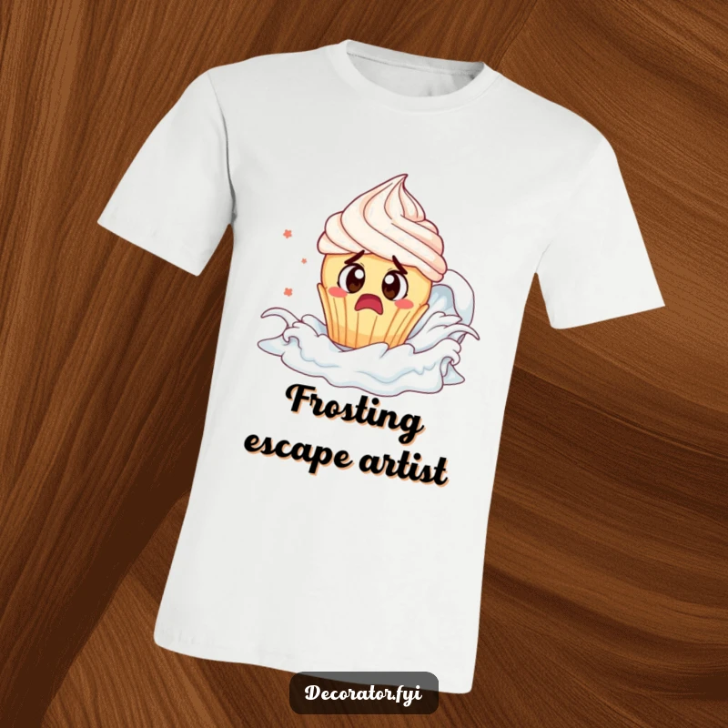 Funny cupcake frosting tsunami t-shirt: a terrified cupcake with wide eyes fleeing a giant, creamy wave of frosting.